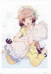  ;o absurdres ahoge atelier_(series) atelier_lydie_&amp;_suelle barefoot bed bed_sheet blush bow brown_hair dakimakura_(object) hair_ribbon hat highres long_hair looking_at_viewer nightcap noco_(adamas) official_art one_eye_closed open_mouth pajamas pillow pillow_hug red_eyes ribbon scan sitting solo suelle_marlen tears wariza yawning 