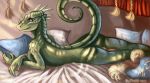  2018 anthro breasts detailed_background digital_media_(artwork) digital_painting_(artwork) female flashw horn lizard lying nipples nude pink_eyes reptile scalie smile solo spines 