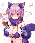  animal_ears bangs between_breasts blue_gloves blush bow breasts claws creature dangerous_beast elbow_gloves eyebrows_visible_through_hair eyes_visible_through_hair fate/grand_order fate_(series) flying_sweatdrops food food_between_breasts fou_(fate/grand_order) frown fur_collar furrowed_eyebrows gloves hair_between_eyes halloween halloween_costume large_breasts marshmallow mash_kyrielight midriff motion_lines navel nose_blush pink_bow pink_hair purple_eyes revealing_clothes speech_bubble striped striped_bow sukemyon tail upper_body wolf_ears wolf_tail 