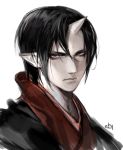  akgi black_hair closed_mouth frown grey_eyes hoozuki_(hoozuki_no_reitetsu) hoozuki_no_reitetsu horn japanese_clothes looking_at_viewer male_focus pale_skin pointy_ears simple_background solo white_background 