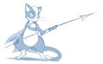  ambiguous_gender cape cat clothing emenius feline holding_object holding_weapon mammal melee_weapon monochrome polearm solo spear weapon 