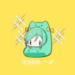  :3 animal_costume aqua_hair bang_dream! bow bowwow_(hamju94) cat_costume chibi cosplay hair_bow hikawa_hina kigurumi lowres musical_note side_braids simple_background solo sparkle translation_request yellow_background yellow_bow ||_|| 