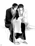  akgi black_hair greyscale hakutaku_(hoozuki_no_reitetsu) holding_scroll hoozuki_(hoozuki_no_reitetsu) hoozuki_no_reitetsu horn japanese_clothes male_focus monochrome multiple_boys oni_horn sandals scroll shirt sitting white_coat 