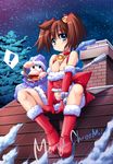  1girl bell bell_collar blue_eyes blush boots breasts brown_hair christmas collar elbow_gloves gloves looking_at_viewer merry_christmas monkey night nipples panties red_gloves rooftop sack santa_boots santa_costume saru_getchu sayaka_(saru_getchu) sitting sky small_breasts solo spoken_exclamation_mark starfox_(artist) striped striped_panties twintails underwear 