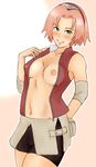  alternate_breast_size areolae arm_warmers bag bare_shoulders bike_shorts blush breast_slip breasts collarbone cowboy_shot gradient gradient_background green_eyes grin haruno_sakura headband headdress konohagakure_symbol looking_at_viewer miniskirt momo_765 naruto naruto_shippuuden navel nipple_slip nipples open_clothes open_shirt pink_hair red_shirt rirakukan sakura_haruno shiny shiny_hair shirt short_hair shorts shorts_under_skirt side_slit skirt sleeveless sleeveless_shirt smile solo spandex unzipped white_skirt zipper 