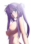  breasts closed_mouth commentary_request eunos eyebrows_visible_through_hair frown hair_between_eyes hair_ribbon hiiragi_kagami large_breasts lens_flare long_hair looking_at_viewer lucky_star navel nipples nude perky_breasts purple_eyes purple_hair purple_ribbon revision ribbon simple_background solo tsundere tsurime twintails upper_body white_background 