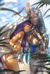  absurdres ass beach black_hair breasts bridal_gauntlets cleavage commentary_request facial_mark fate/grand_order fate_(series) green_eyes highres holding_hands hutagi_rouka jewelry large_breasts looking_at_viewer multiple_girls nitocris_(fate/grand_order) nitocris_(swimsuit_assassin)_(fate) one-piece_swimsuit purple_eyes purple_hair ring scheherazade_(fate/grand_order) smile swimsuit thumb_ring yuri 