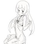  blush braid breasts closed_mouth dress dress_pull greyscale hands_up lillie_(pokemon) long_hair looking_at_viewer monochrome nipples ontaros pokemon pokemon_(game) pokemon_sm pulled_by_self simple_background sitting small_breasts smile solo sundress white_background 
