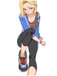  adapted_costume android_18 blonde_hair blue_eyes bracelet denim dragon_ball dragon_ball_z earrings gong_(mgong520) highres jewelry shoes short_hair sneakers solo 