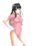  30-06 absurdres alternate_costume black_hair breasts collarbone covered_navel eyebrows_visible_through_hair gymnast_leotard hands_on_hips highres kantai_collection leotard long_hair medium_breasts multicolored_hair naganami_(kantai_collection) pink_hair pink_leotard solo two-tone_hair wavy_hair yellow_eyes 