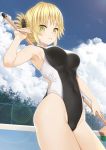 aegis_(takunomi) armpits bangs black_swimsuit blonde_hair blue_sky blush breasts broom cloud cloudy_sky commentary_request competition_swimsuit covered_navel day elf eyebrows_visible_through_hair green_eyes half_updo highleg highleg_swimsuit highres holding holding_broom long_hair looking_at_viewer one-piece_swimsuit original outdoors parted_lips pointy_ears sky solo standing swimsuit takunomi wet 