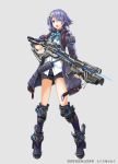  black_shorts blue_eyes blue_neckwear boots bow bowtie full_body grey_background gun hair_ornament hairclip hellnyaa holding holding_gun holding_weapon long_sleeves open_mouth original purple_coat purple_footwear purple_hair rifle shirt short_hair short_shorts shorts solo standing weapon white_shirt wing_hair_ornament x_hair_ornament 