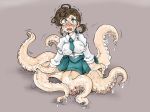  2018 animal_humanoid breasts brown_hair cephalopod clothed clothing female grey_background hair humanoid looking_at_viewer marine metamorgirl nipple_bulge octomaid octopus open_mouth school_uniform simple_background solo tears tentacles transformation uniform wet 