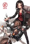  1girl 2019 bangs black_hair black_pants boar bracelet chinese_zodiac choker collarbone crossed_bangs earrings ground_vehicle highres jacket jewelry leather leather_jacket looking_at_viewer motor_vehicle motorcycle oopartz_yang open_clothes open_jacket original pants red_eyes short_hair solo white_background year_of_the_pig 