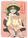  :d dancing eyebrows_visible_through_hair feet_out_of_frame green_eyes green_hair grey_shorts hare_(tetterutei) hat highres holding holding_instrument instrument legs_apart long_sleeves looking_at_viewer ludicolo maracas mask music open_mouth orange_background personification playing_instrument pokemon shawl shorts simple_background smile solo standing wide_sleeves 