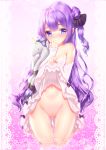  ass_visible_through_thighs azur_lane bangs bare_shoulders black_ribbon blush bow breasts closed_mouth collarbone commentary_request detached_sleeves dress dress_lift eyebrows_visible_through_hair fingernails groin hair_between_eyes hair_bun hair_ribbon hand_up head_tilt highres hitomilook lifted_by_self long_hair long_sleeves looking_at_viewer medium_breasts navel no_panties nose_blush object_hug one_side_up purple_bow purple_eyes purple_hair pussy ribbon side_bun sleeves_past_wrists solo strapless strapless_dress stuffed_alicorn stuffed_animal stuffed_toy unicorn_(azur_lane) very_long_hair wavy_mouth white_dress 