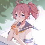  antenna_hair aoba_(kantai_collection) blue_eyes blue_sailor_collar collarbone cup drinking drinking_glass drinking_straw emia_wang eyebrows_visible_through_hair hair_between_eyes holding holding_cup kantai_collection looking_at_viewer neckerchief pink_hair ponytail sailor_collar school_uniform serafuku short_hair short_sleeves smile solo twitter_username yellow_neckwear 