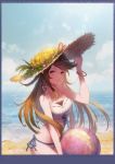  ball beach bikini bracelet breasts brown_eyes brown_hair cha_(pixiv12794171) closed_mouth collarbone day eyebrows_visible_through_hair flower hat highres jewelry long_hair looking_at_viewer medium_breasts ocean original outdoors red_ribbon ribbon smile solo sun_hat swimsuit white_bikini 