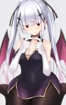  bat_wings black_choker black_legwear black_ribbon blush breasts choker cleavage collarbone demon_girl doyachii elbow_gloves eyebrows_visible_through_hair eyes_visible_through_hair fine_fabric_emphasis gloves grey_background hair_ornament hair_ribbon highres large_breasts long_hair looking_at_viewer original pantyhose red_eyes ribbon silver_hair simple_background sitting smile solo succubus thick_thighs thighs tied_hair twintails white_gloves wide_hips wings 