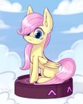  2018 cloud cute dsp2003 equine eyelashes feathered_wings feathers female feral fluttershy_(mlp) friendship_is_magic fur hair hooves inner_ear_fluff long_hair mammal my_little_pony nude outside pegasus pink_hair portrait roomba signature sitting sky smile solo teal_eyes wings yellow_feathers 