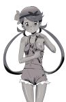  bare_shoulders blush breasts cowboy_shot greyscale hand_up headband highres long_hair looking_at_viewer mao_(pokemon) monochrome naked_overalls nipples one_breast_out ontaros overalls overalls_pull parted_lips pokemon pokemon_(game) pokemon_sm pulled_by_self simple_background small_breasts smile solo white_background 