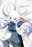  anthro blue_eyes breasts caprine chaurus_(character) clothing ear_piercing female fur goat horn jinya looking_at_viewer mammal piercing pose signature solo text traditional_media_(artwork) vest white_fur あかばね_じん 