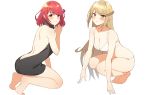  ass backless_dress backless_outfit bare_back bare_shoulders barefoot blonde_hair blush bra breasts butt_crack dress highres hikari_(xenoblade_2) homura_(xenoblade_2) icarus_(632247131) large_breasts long_hair looking_at_viewer meme_attire multiple_girls naked_sweater navel panties red_hair short_hair sideboob simple_background soles sweater sweater_dress turtleneck turtleneck_sweater underwear virgin_killer_sweater white_background xenoblade_(series) xenoblade_2 yellow_eyes 