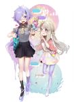  2girls :q absurdres ascot bag black_footwear black_nails black_skirt blonde_hair blue_choker capelet choker fingernails food food_on_face grey_shirt hair_ornament hair_over_one_eye hairclip handbag herme_(ohisashiburi) high-waist_skirt highres holding holding_food ice_cream long_hair multiple_girls nail_polish ohisashiburi open_mouth original pantyhose popsicle purple_eyes purple_footwear purple_hair_girl_(ohisashiburi) purple_legwear shirt shoes shoulder_bag skirt smile standing standing_on_one_leg tongue tongue_out twintails walking wristband yellow_neckwear 