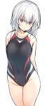  arms_behind_back bare_arms bare_shoulders black_swimsuit blush closed_mouth commentary_request covered_navel cowboy_shot hair_between_eyes highres legs_apart looking_at_viewer original red_eyes simple_background solo standing swimsuit tsunekichi white_background white_hair 