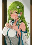  :q bare_shoulders blush breasts breath collarbone commentary_request detached_sleeves eyebrows_visible_through_hair frog_hair_ornament green_hair hair_between_eyes hair_ornament hair_tubes hands_on_own_chest highres kochiya_sanae large_breasts long_hair long_sleeves looking_at_viewer nose_blush opanchu_(hakusen) shirt sideboob single_sidelock sleeveless sleeveless_shirt smile snake_hair_ornament solo sweat tongue tongue_out touhou upper_body white_shirt wide_sleeves yellow_eyes 