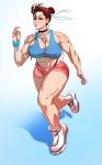  1girl abs breasts brown_eyes brown_hair capcom chun-li cleavage female headphones idlecil large_breasts muscle muscular_female shorts solo street_fighter thong toned 