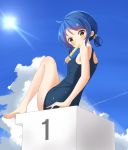  bangs bare_arms bare_legs bare_shoulders barefoot blue_hair blue_sky blue_swimsuit blush brown_eyes cloud commentary_request covered_mouth day eyebrows_visible_through_hair food gochuumon_wa_usagi_desu_ka? head_tilt highres holding holding_food jouga_maya kousaka_nobaku looking_at_viewer looking_to_the_side one-piece_swimsuit outdoors popsicle school_swimsuit sitting sky solo sun sunlight swimsuit wet 