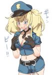  alternate_costume belt black_gloves blonde_hair blue_eyes blue_hat blue_jacket blue_shorts blush breasts cleavage commentary_request cowboy_shot crop_top cropped_jacket cuffs gambier_bay_(kantai_collection) gloves handcuffs hands_on_own_chest hat highres jacket kantai_collection large_breasts masukuza_j midriff navel open_mouth police police_hat police_uniform policewoman short_shorts short_sleeves shorts simple_background solo standing sweatdrop tears twintails uniform white_background 