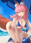  all_fours animal_ear_fluff animal_ears bikini bk201 blue_bikini breasts cleavage collarbone day fang fate/grand_order fate_(series) fox_ears fox_tail highres innertube large_breasts looking_at_viewer ocean open_mouth outdoors parasol pink_hair side-tie_bikini solo swimsuit tail tamamo_(fate)_(all) tamamo_no_mae_(swimsuit_lancer)_(fate) towel umbrella yellow_eyes 