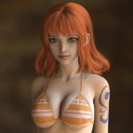  arms_at_sides bangs bikini bikini_top breasts brown_eyes cleavage collarbone large_breasts light_smile lips long_hair looking_at_viewer nami_(one_piece) one_piece orange_bikini_top orange_hair shadow shousizhe simple_background solo standing sweat swimsuit tattoo underboob upper_body wet 