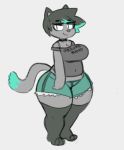  2017 angstrom anthro big_breasts big_butt biped black_hair breasts butt cat clothing digital_media_(artwork) feline female fur green_hair grey_fur hair legwear looking_at_viewer mammal multicolored_hair navel paws shorts simple_background smile solo standing stockings thick_thighs thigh_highs two_tone_hair voluptuous white_background wide_hips 