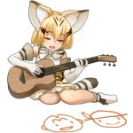  :d animal_ears blush bow bowtie cat_ears cat_tail closed_eyes commentary drawing elbow_gloves full_body gloves guitar instrument kemono_friends lowres music open_mouth playing_instrument sand_cat_(kemono_friends) shirt short_hair sitting sleeveless sleeveless_shirt smile solo striped_tail tail transparent_background welt_(kinsei_koutenkyoku) yokozuwari 