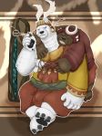  2018 anthro bear brown_fur clothed clothing crushfang_(sdorica_sunset) dagger_(sdorica_sunset) duo eyes_closed fur hug male mammal overweight overweight_male polar_bear sdorica_sunset sitting white_fur x08201214 