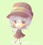  arare_(kantai_collection) chibi dress eyebrows_visible_through_hair full_body green_background grey_hair hat kantai_collection kouu_hiyoyo looking_at_viewer orange_eyes pinafore_dress remodel_(kantai_collection) school_uniform short_hair simple_background solo standing white_hair 