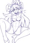  amou_kanade animal_ears arm_behind_head armband armpits artist_name bow bowtie breasts bunny_ears bunny_girl bunnysuit cleavage covered_navel dated detached_collar grin hair_between_eyes high_heels large_breasts leotard long_hair looking_at_viewer monochrome one_eye_closed purple senki_zesshou_symphogear smile solo spread_legs thighhighs wrist_cuffs zetsumu 