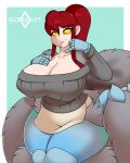  amber_eyes arachnid arthropod big_breasts breasts cleavage clothed clothing drider female hair humanoid kloudmutt looking_at_viewer nipple_bulge ponytail red_hair solo spider sweater 