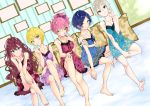  ;) bangs bare_shoulders barefoot black_eyes blonde_hair blue_dress blue_eyes blue_hair blush breasts brown_hair cleavage crossed_legs dress earrings eyebrows_visible_through_hair floral_print fox_shadow_puppet full_body green_eyes grin hair_between_eyes hayami_kanade ichinose_shiki idolmaster idolmaster_cinderella_girls indoors jewelry jougasaki_mika lipps_(idolmaster) lips long_hair long_legs looking_at_viewer medium_breasts miyabi_akino miyamoto_frederica multiple_girls nail_polish one_eye_closed parted_bangs pillow pink_hair ponytail purple_dress red_dress shiomi_shuuko short_hair sitting smile spaghetti_strap strap_slip striped teeth vertical-striped_dress vertical_stripes wavy_hair yellow_eyes 