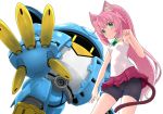  animal_ears arm_up bike_shorts blush cat_ears cat_tail clenched_hand commentary_request green_eyes gundam gundam_build_divers long_hair mecha microskirt miniskirt momo_(gundam_build_divers) momokapool paw_pose pink_hair ponytail red_skirt shirt shorts shorts_under_skirt skirt sleeveless sleeveless_shirt smile tail tr-6 white_shirt yashiro_momoka 