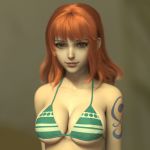  arms_at_sides bangs bikini bikini_top breasts brown_eyes cleavage collarbone green_bikini_top large_breasts light_smile lips long_hair looking_at_viewer nami_(one_piece) one_piece orange_hair shadow shousizhe simple_background solo standing sweat swimsuit tattoo underboob upper_body wet 