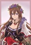  bare_shoulders belt breasts brown_hair cleavage commentary dress flower gloves granblue_fantasy hair_between_eyes hair_flower hair_ornament jewelry large_breasts long_hair looking_at_viewer navel necklace purple_eyes rose rosetta_(granblue_fantasy) smile solo sword villyane weapon 