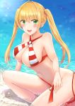  :d bikini blonde_hair breasts bunsai cleavage criss-cross_halter earrings fate/grand_order fate_(series) green_eyes halterneck highres jewelry large_breasts md5_mismatch nero_claudius_(fate)_(all) nero_claudius_(swimsuit_caster)_(fate) ocean open_mouth smile solo striped striped_bikini swimsuit twintails untied untied_bikini water 