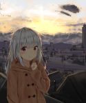  :p bad_id bad_pixiv_id bangs blush brown_coat building cityscape closed_mouth cloud coat commentary eyebrows_visible_through_hair fingernails hair_between_eyes hand_up hood hood_down hooded_coat long_hair long_sleeves looking_at_viewer mountain original outdoors red_eyes sashima silver_hair sky smile solo sunset tongue tongue_out very_long_hair 