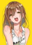  bare_shoulders blush breasts brown_eyes brown_hair cleavage commentary_request hair_between_eyes kotori_asobu kunikida_hanamaru large_breasts long_hair looking_at_viewer love_live! love_live!_sunshine!! open_mouth sidelocks simple_background solo tank_top teeth tongue upper_body yellow_background 