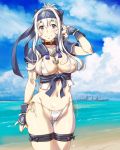  bikini blue_sky breasts cameltoe cloud commentary_request covered_nipples day headband kamoi_(kantai_collection) kamoi_(seaplane_tender) kantai_collection large_breasts long_hair navel ocean sameha_ikuya seaside see-through side-tie_bikini sky solo string_panties swimsuit thigh_strap white_hair 