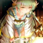  aqua_hair bangs blurry bokeh breasts closed_mouth collarbone depth_of_field downblouse dragon_girl dragon_horns eyebrows_visible_through_hair fate/grand_order fate_(series) green_eyes hair_between_eyes half-closed_eyes horns japanese_clothes kimono kiyohime_(fate/grand_order) leaning_forward light_smile long_hair no_bra panties panty_pull pulled_by_self sash small_breasts solo thighhighs underwear undressing white_legwear white_panties yasuyuki yellow_eyes 